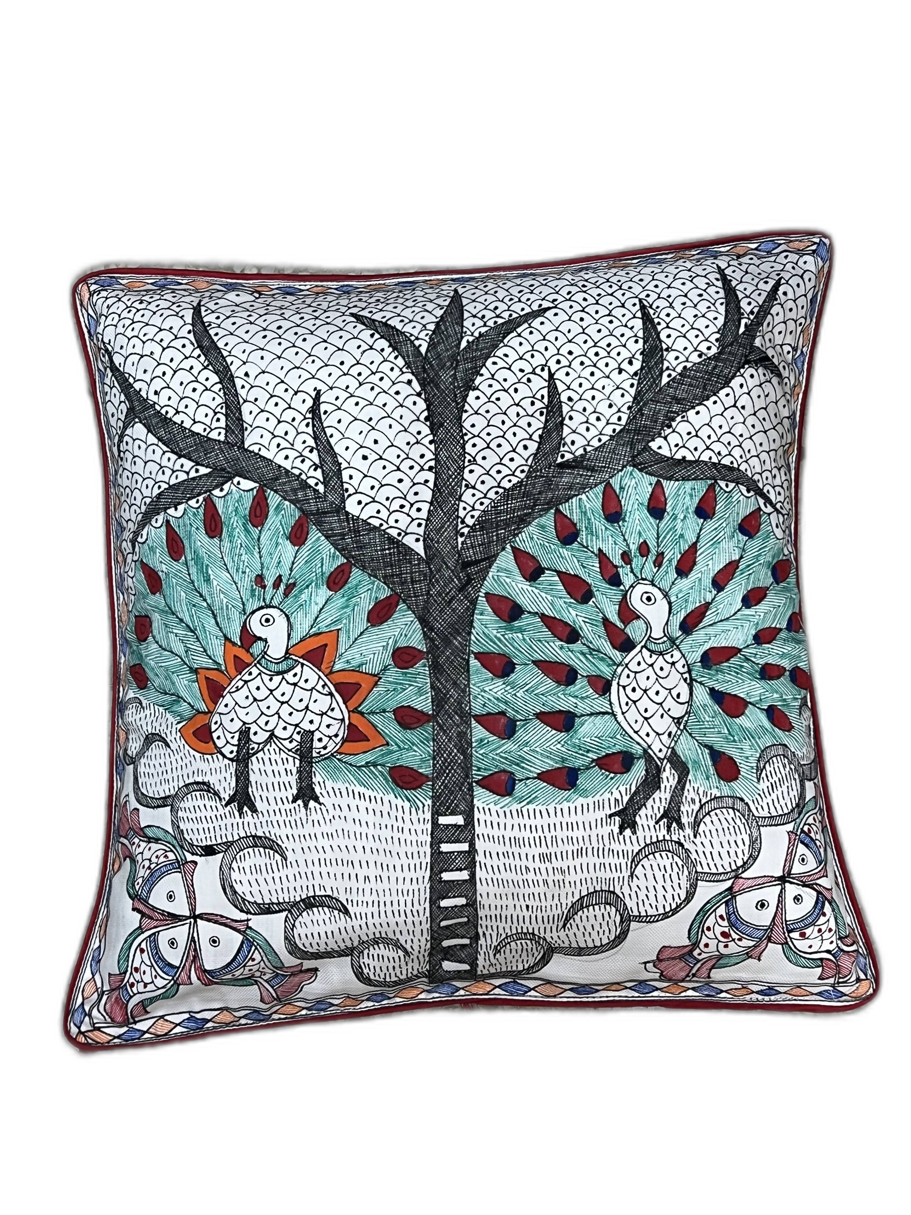 HAND-PAINTED MADHUBANI MAYUR CUSHION COVER